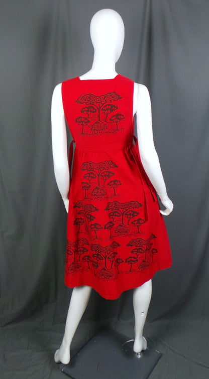 1970s Red Tree Print Pinafore Dress, by Human Beings, 28in Waist