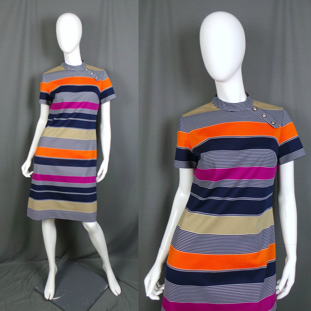 1960s Navy and Orange Striped Crimplene Vintage Shift Dress, by Lady Carol
