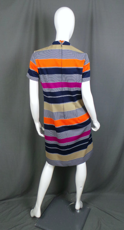 1960s Navy and Orange Striped Crimplene Shift Dress, by Lady Carol, 38in Bust