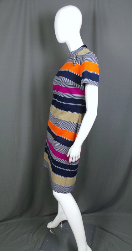 1960s Navy and Orange Striped Crimplene Vintage Dress | Lady Carol