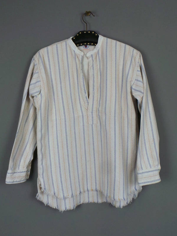 1950s Pink, Tan and Blue Striped Cream Brushed Cotton Shirt, by Wentworth, 44in Chest