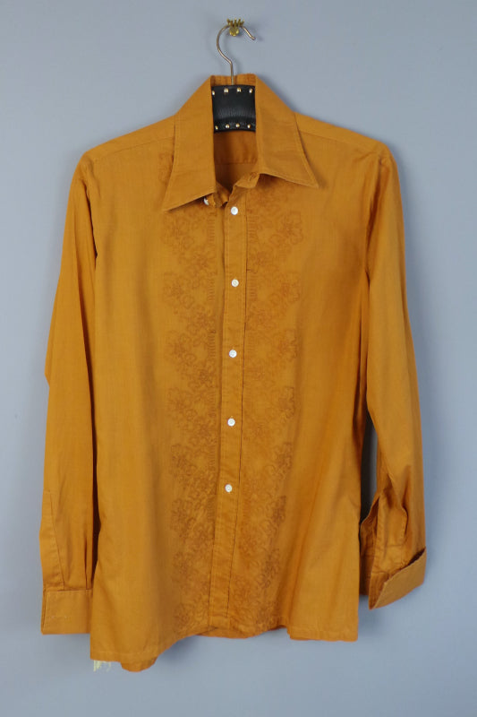 1970s Caramel Floral Embroidered Shirt with Two Matching Cravats, by Bonsoir Boutique, 44in Chest