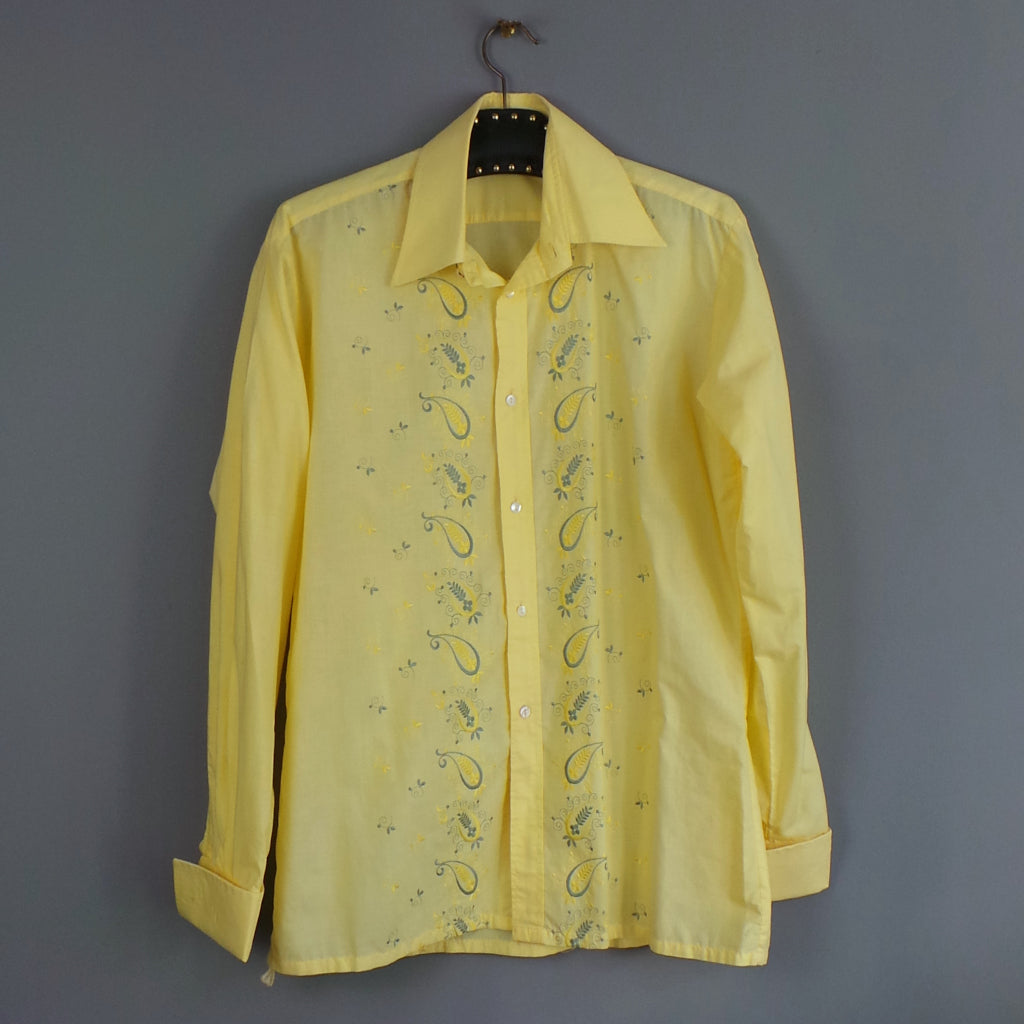 1970s Lemon Yellow and Grey Paisley Embroidered Vintage Mens Shirt, by Bonsoir Boutique