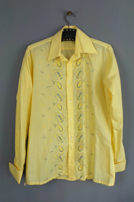 1970s Lemon Yellow and Grey Paisley Embroidered Shirt, by Bonsoir Boutique, 45in Chest